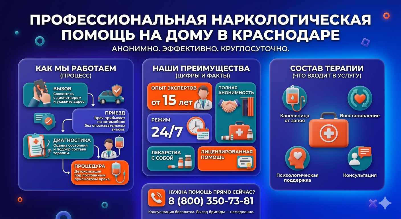 Инфографика о принципах лечения алкоголизма на дому в Отрадном: этапы вызова нарколога, преимущества анонимной детоксикации и состав медицинской помощи.